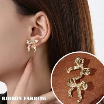 GIFIKOI Gold Bow Earrings for Women Classic Ribbon Bow Stud Earring Set