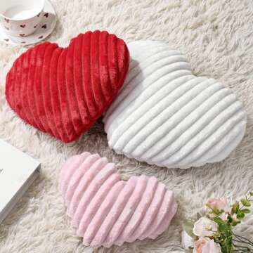 Bunny Chorus Valentines Day Decor, 3Pcs Plush Faux Fur Striped Valentines Day Pillows, Red Pink White Heart-Shaped Cushions Valentines Decor for Valentines Gifts, Bedroom, Sofa, Holiday Pillows