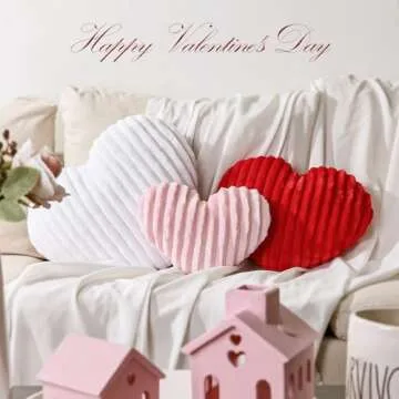 Bunny Chorus Valentines Day Decor, 3Pcs Plush Faux Fur Striped Valentines Day Pillows, Red Pink White Heart-Shaped Cushions Valentines Decor for Valentines Gifts, Bedroom, Sofa, Holiday Pillows