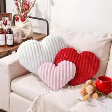Bunny Chorus Valentines Day Decor, 3Pcs Plush Faux Fur Striped Valentines Day Pillows, Red Pink White Heart-Shaped Cushions Valentines Decor for Valentines Gifts, Bedroom, Sofa, Holiday Pillows