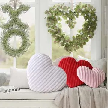Bunny Chorus Valentines Day Decor, 3Pcs Plush Faux Fur Striped Valentines Day Pillows, Red Pink White Heart-Shaped Cushions Valentines Decor for Valentines Gifts, Bedroom, Sofa, Holiday Pillows