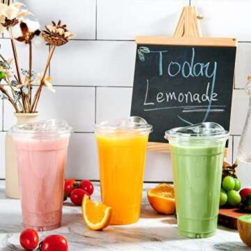 Lilymicky 60 PACK 24 oz Clear Plastic Cups With Strawless Sip Through Lids, Disposable, for Ice Coffee, Smoothie, Slurpee, or Any Cold Drinks