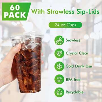 Lilymicky 60 PACK 24 oz Clear Plastic Cups With Strawless Sip Through Lids, Disposable, for Ice Coffee, Smoothie, Slurpee, or Any Cold Drinks