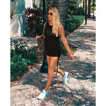 Wenrine Womens Ruched Bodycon Mini Dress Sleeveless Crewneck Drawstring Party Club Dress