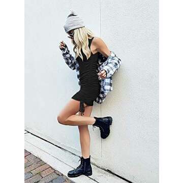 Wenrine Womens Ruched Bodycon Mini Dress Sleeveless Crewneck Drawstring Party Club Dress