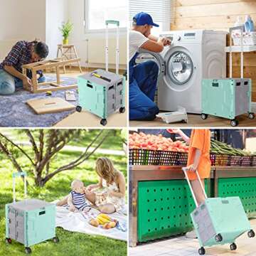 Foldable Shopping Utility Cart Portable Rolling Crate Handcart with 360°Rotate Wheel,Hidden Lid,Telescoping Handle Collapsible for Travel Shopping Moving Storage Office Use(Green/Gray)