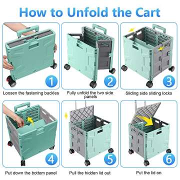 Foldable Shopping Utility Cart Portable Rolling Crate Handcart with 360°Rotate Wheel,Hidden Lid,Telescoping Handle Collapsible for Travel Shopping Moving Storage Office Use(Green/Gray)