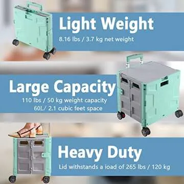 Foldable Shopping Utility Cart Portable Rolling Crate Handcart with 360°Rotate Wheel,Hidden Lid,Telescoping Handle Collapsible for Travel Shopping Moving Storage Office Use(Green/Gray)