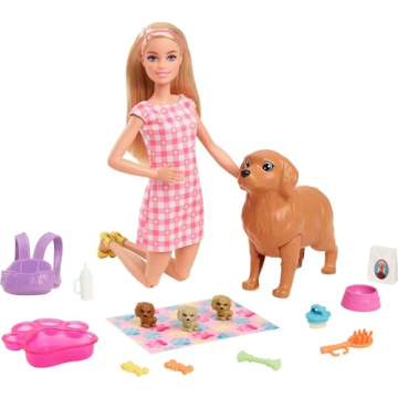 Barbie Doll & Pets Set, Blonde with Mommy Dog, 3 Newborn Puppies with Color-Change Feature & Pet Acc...