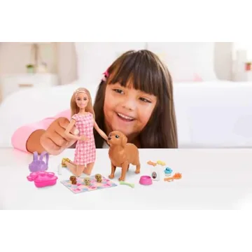 Barbie Doll & Pets Set, Blonde with Mommy Dog, 3 Newborn Puppies with Color-Change Feature & Pet Accessories