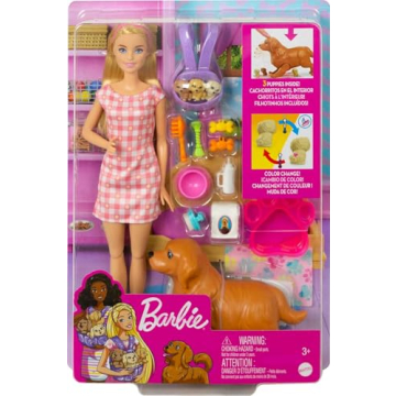 Barbie Doll & Pets Set, Blonde with Mommy Dog, 3 Newborn Puppies with Color-Change Feature & Pet Accessories