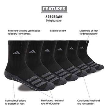 adidas Athletic Cushioned Crew Socks (6 Pairs) Kids Discontinued, Black/Onix Grey/Night Grey, Medium