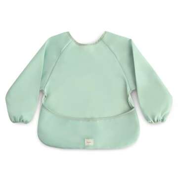 mushie Long Sleeve Baby Bib | Mess Free & Waterproof Fabric for Toddlers | Adjustable Fit for Ages 6-24 Months (Roman Green)