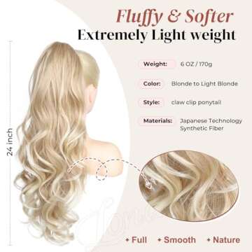 LONAI Claw Clip Ponytail Extension - 24 Inch Curly Wavy Hair