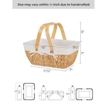 StorageWorks Wicker Picnic Baskets for 2, Picnic Basket with Liner and Wooden Handle, Hand-Woven wit...