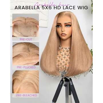 Arabella 5x6 Ready to Go Glueless Wigs Human Hair 230% Density Lace Front Wigs Human Hair 12A Light Brown Blonde Wig Human hair Pre Cut Lace Pre Plucked Bleached Knots (16inch, 5X6 Straight Wig)