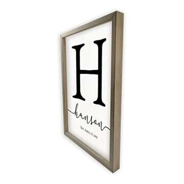 Framed Wooden Family Name Sign Personalized Wood Monogram Choose from Four Sizes (12" x 18", Weathered Grey Frame, White Background)