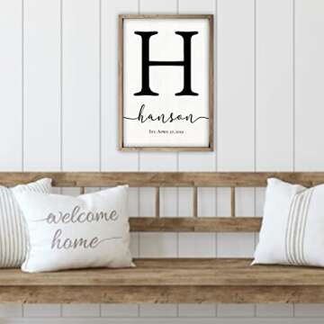 Framed Wooden Family Name Sign Personalized Wood Monogram Choose from Four Sizes (12" x 18", Weathered Grey Frame, White Background)