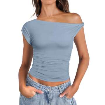 ANRABESS Womens Summer Off The Shoulder Sleeveless One Shoulder Ruched Asymmetrical Going Out Y2K Tank Crop Tops Shirts Blue Large