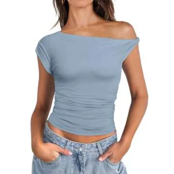 ANRABESS Womens Summer Off The Shoulder Sleeveless One Shoulder Ruched Asymmetrical Going Out Y2K Tank Crop Tops Shirts Blue Large