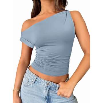 ANRABESS Womens Summer Off The Shoulder Sleeveless One Shoulder Ruched Asymmetrical Going Out Y2K Tank Crop Tops Shirts Blue Large
