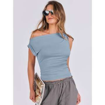 ANRABESS Womens Summer Off The Shoulder Sleeveless One Shoulder Ruched Asymmetrical Going Out Y2K Tank Crop Tops Shirts Blue Large