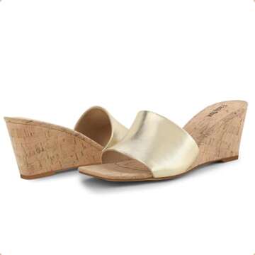 Easyfox Gold Sandals for Women Wedge Heel Sandals Open Toe High Heel Womens Sandals Wedge Heels Slip on Mules Heels Sandals Summer Dress Sandals Size 7