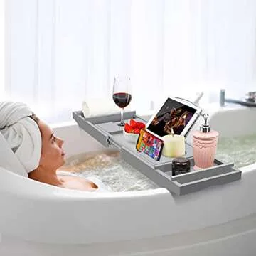 Bamboo Bathtub Caddy Tray (Non-Foldable, Gray)