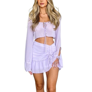 2 Piece Outfits for Women Ruffle Mesh Crop Top Bodycon Mini Short Skirt Summer Sexy Party Beachwear ...