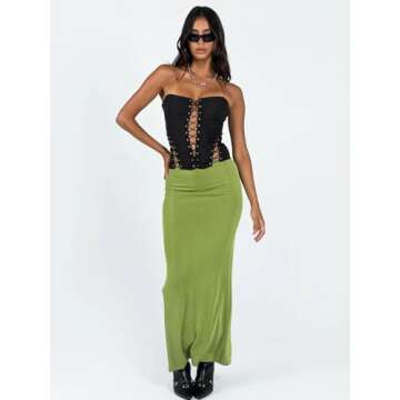 Wenrine Women's Knit Long Skirts Casual Stretchy High Waist Trendy A Line Solid Maxi Skirt Green