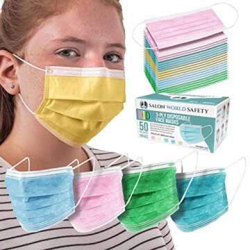 TCP Global Salon World Safety - Kids Face Masks 3-Ply Protective PPE (5 Colors) Disposable Children'...