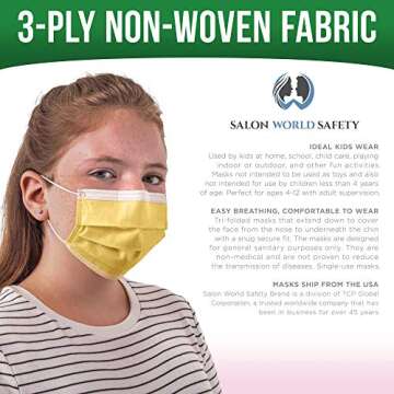 TCP Global Salon World Safety - Kids Face Masks 3-Ply Protective PPE (5 Colors) Disposable Children's Size