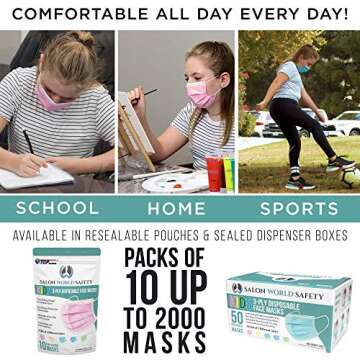 TCP Global Salon World Safety - Kids Face Masks 3-Ply Protective PPE (5 Colors) Disposable Children's Size