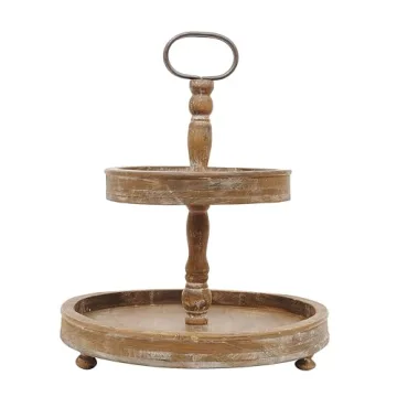 Distressed Brown Wood 2-Tier Tray with Metal Handle