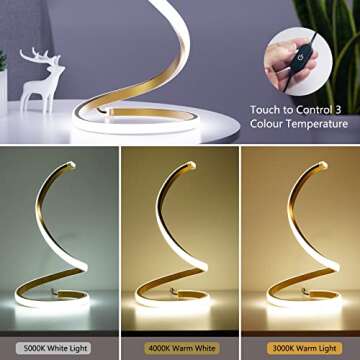 NUÜR Spiral LED Table Lamp, Modern 3 Colors Dimmable Desk Lamp with Minimalist Lighting Design & Touch Controller, Creative Stylish Smart Lamp for Bedroom, Office, Home (Gold)
