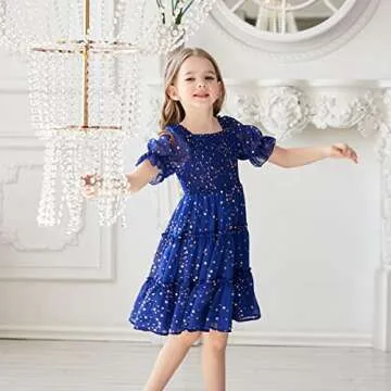 Girls Dresses Kids Stars Midi Dress Mid Night Toddler Short Sleeve Casual Fashion Clothes Flowy Outfits A-Navy