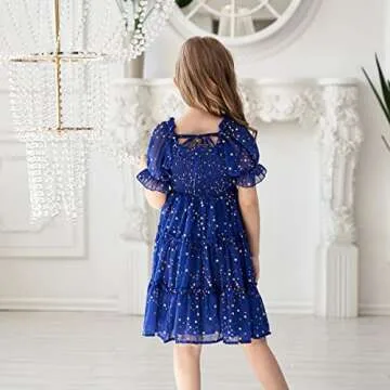 Girls Dresses Kids Stars Midi Dress Mid Night Toddler Short Sleeve Casual Fashion Clothes Flowy Outfits A-Navy