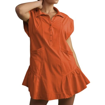 EsheSy Women's Trendy Button Down Shirt Mini Dress with Pockets (Orange-S)