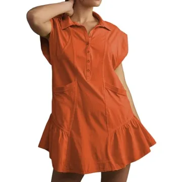 EsheSy Women's Trendy Button Down Shirt Mini Dress with Pockets (Orange-S)