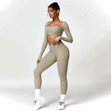 ABOCIW Long Sleeve Crop Tops for Women Square Neck Padded Yoga Workout Crop T Shirt Top Scrunch Butt Lifting High Waist Leggings Workout Sets 2 Piece Outfits Z-Khaki Medium