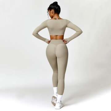 ABOCIW Long Sleeve Crop Tops for Women Square Neck Padded Yoga Workout Crop T Shirt Top Scrunch Butt Lifting High Waist Leggings Workout Sets 2 Piece Outfits Z-Khaki Medium