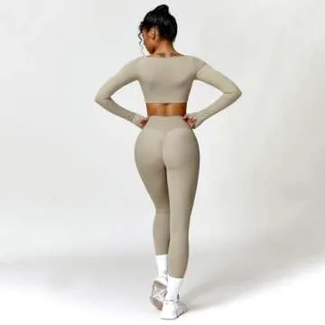 ABOCIW Long Sleeve Crop Tops for Women Square Neck Padded Yoga Workout Crop T Shirt Top Scrunch Butt Lifting High Waist Leggings Workout Sets 2 Piece Outfits Z-Khaki Medium