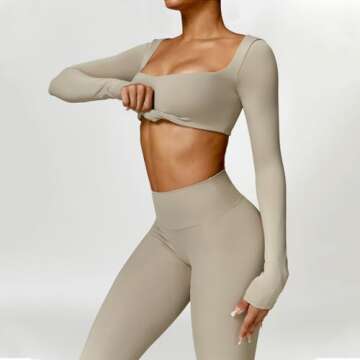 ABOCIW Long Sleeve Crop Tops for Women Square Neck Padded Yoga Workout Crop T Shirt Top Scrunch Butt Lifting High Waist Leggings Workout Sets 2 Piece Outfits Z-Khaki Medium
