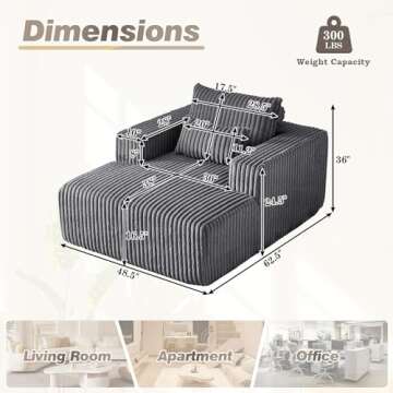 Oversized Chaise Longue Chair Indoor, Modern 48.5-inch Upholstered Corduroy Deep Seat Single Cloud L...