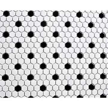 Squarefeet Depot Retro Hexagon Shiny Porcelain Mosaic Floor and Wall Tile, 10.25" x 11.75", White an...