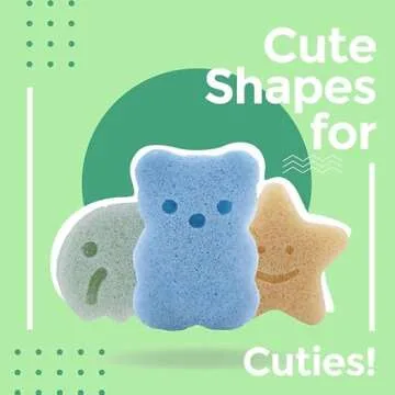 myHomeBody Konjac Baby Sponge for Bathing, Cute Shapes Natural Kids Bath Sponges for Infants, Toddler Bath Time, Natural and Safe Plant-Based Konjac Baby Bath Toys, 3pc. Set: Elephant, Bear & Star