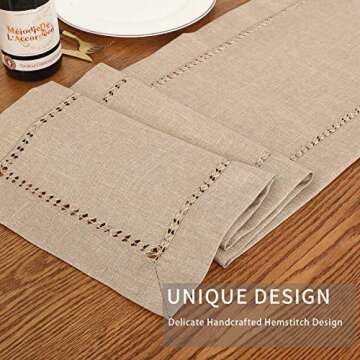 Tosewever Decorative Hemstitch Linen Table Runner Farmhouse Style Tabletop Collection Handcrafted Table Runners for Everyday Dining Wedding Party Holiday Home Decor (14 x 72 Inches, Light Coffee)