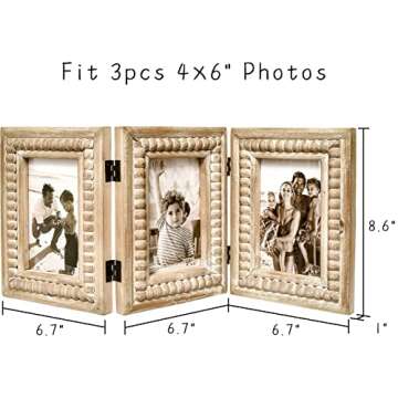 MACVAD Rustic Distressed 3 Photos Folding Picture Frame Collage with Decorative Wood Beads, 3 Picture Frames 4x6 for Table or Wall Hanging, Farmhouse Gift Idea for Family and Friends