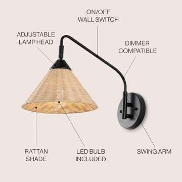 JONATHAN Y JYL1602A Kiawah 11" 1-Light Vintage Coastal Rattan/Metal Swing Arm LED Sconce, for Bedroo...