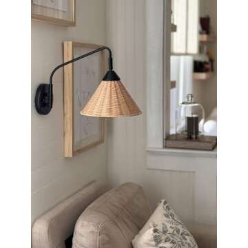 JONATHAN Y JYL1602A Kiawah 11" 1-Light Vintage Coastal Rattan/Metal Swing Arm LED Sconce, for Bedroom, Living Room, Kitchen, Office, Black/Natural